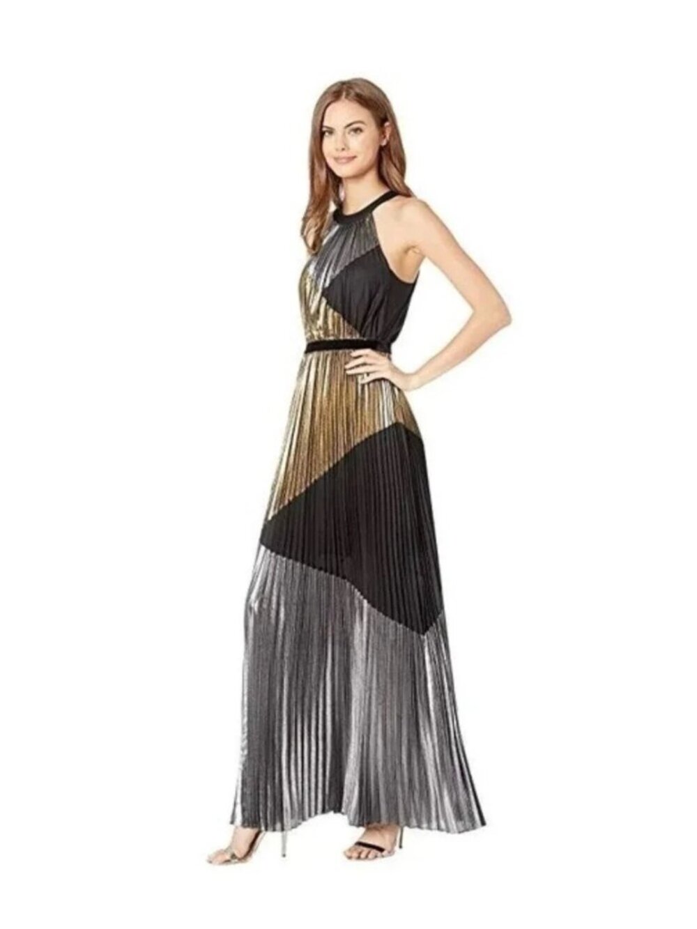 BCBGMaxAzria Metallic Gold Pleated dress with Black Trim - Picture 3 of 3
